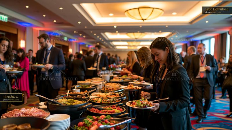 Business professionals enjoying a buffet at a conference