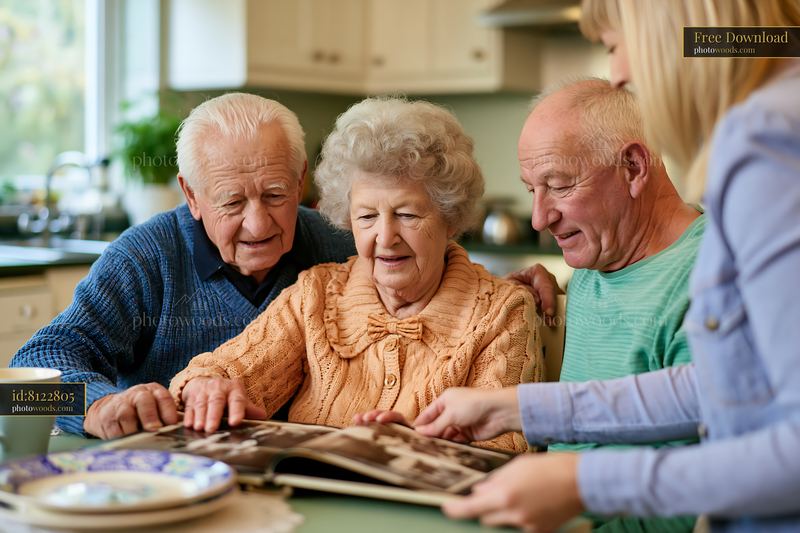 Elderly couple looking through a photo album with family