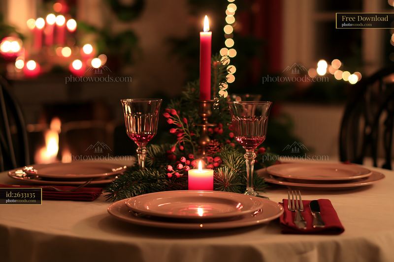 Christmas table centerpiece with candles and festive place settings