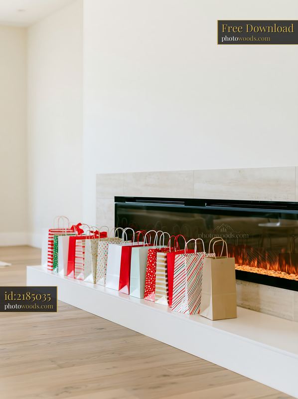 Holiday shopping bags beside a modern fireplace