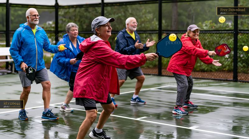 Older friends playing pickleball on a rainy recreational court