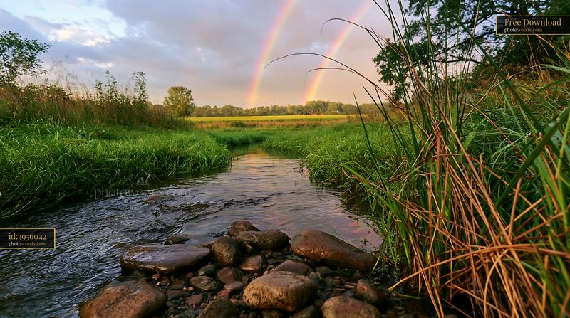 Meadow and stream beneath a double rainbow