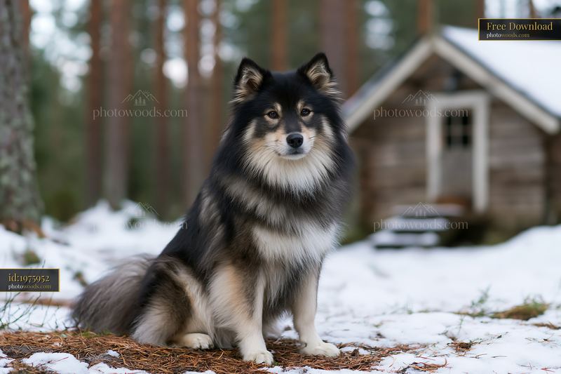 Fluffy black and gray dog sitting in a snowy forest