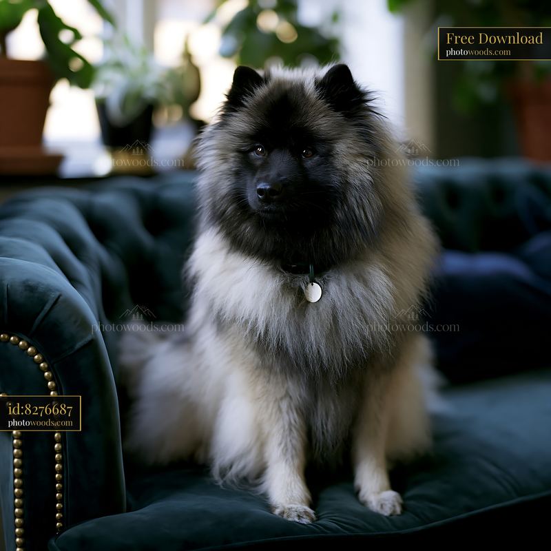 Fluffy black and white dog sitting on a sofa at home