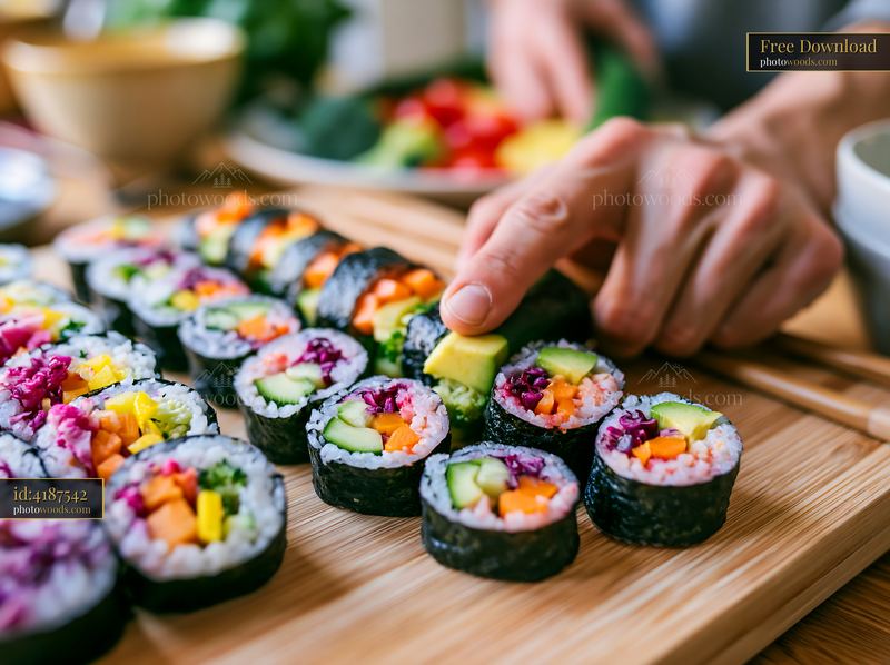 Handmade sushi close-up on a wooden board with fresh vegetables