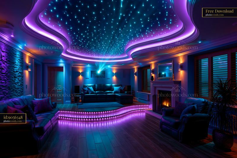 Futuristic Basement Theater With LED Lights in Modern Setting