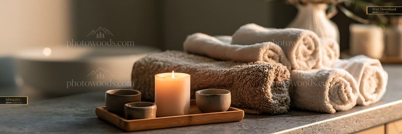 Bath accessories and glowing candle on a wooden tray