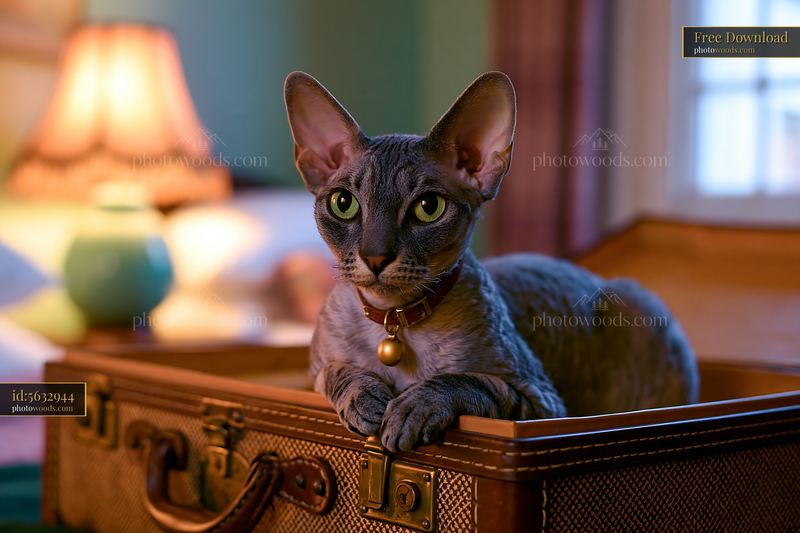 German Rex cat portrait resting on a vintage suitcase
