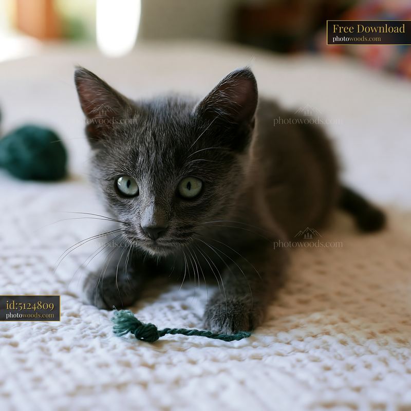 Korat kitten resting with a toy on a soft blanket