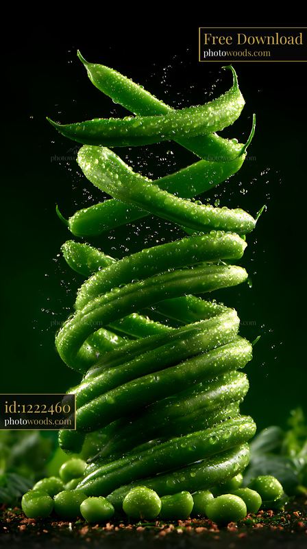 Green beans spiraling with water droplets on a dark background