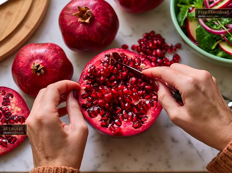 Pomegranate preparation for a holiday dinner in kitchen