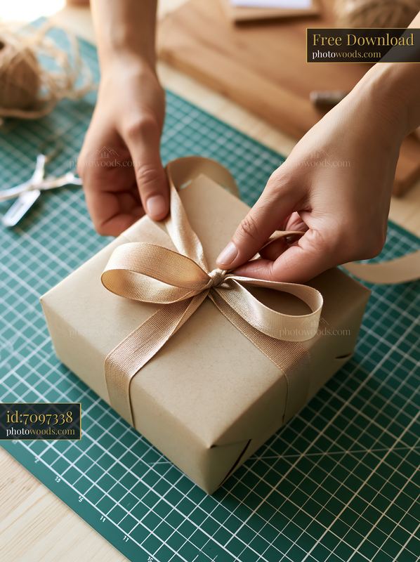Hands tying ribbon around gift box on cutting mat