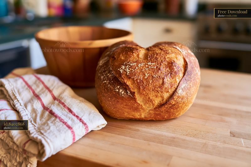 Heart-shaped artisan bread loaf on a kitchen counter
