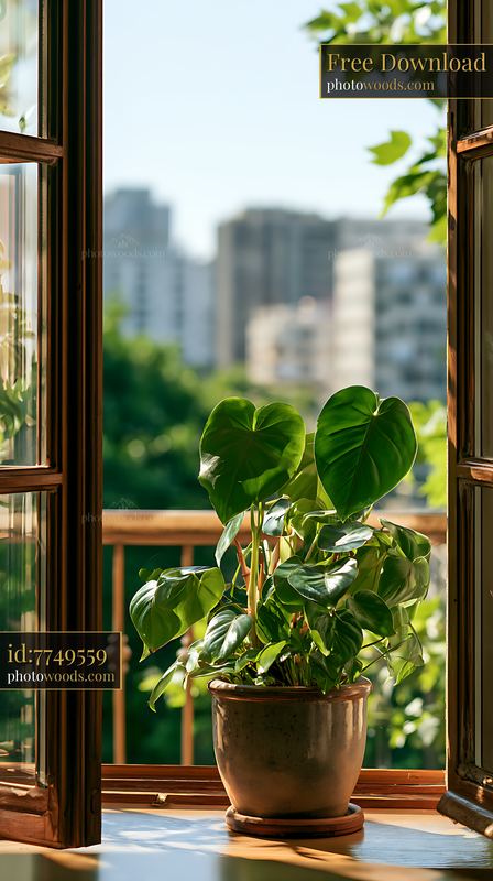 Heart-shaped plant leaves in ceramic pot near window with city view