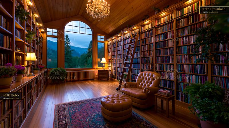 Home Library With Rolling Ladder and Mountain View in Daytime