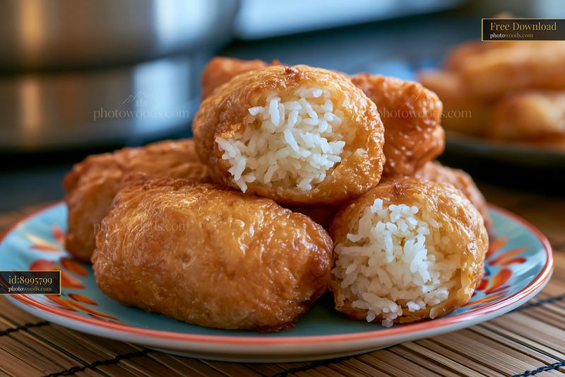 Inari sushi pockets filled with rice arranged on a plate