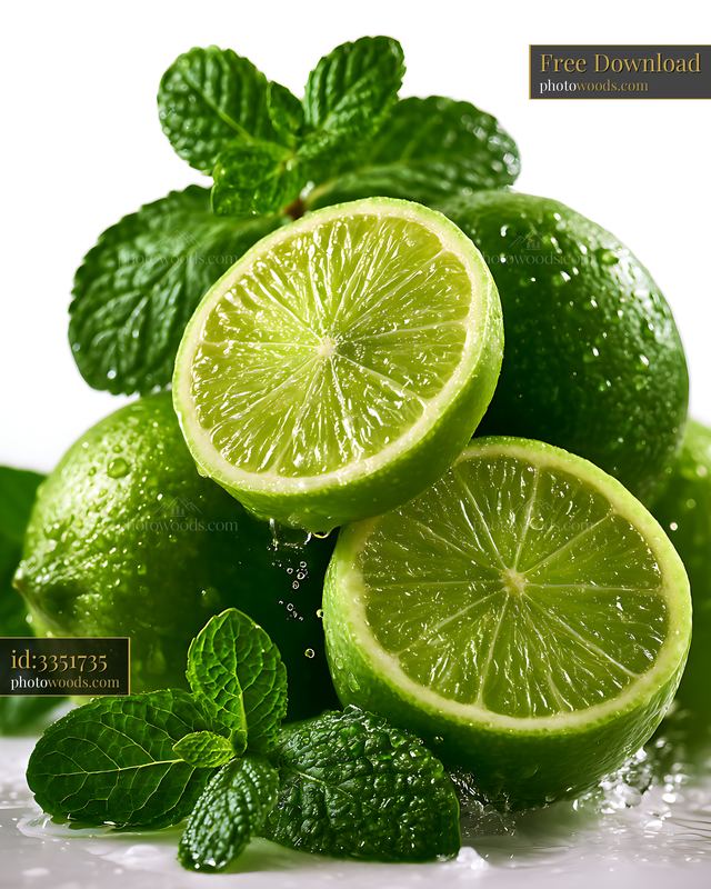 Fresh limes and mint leaves on a white background