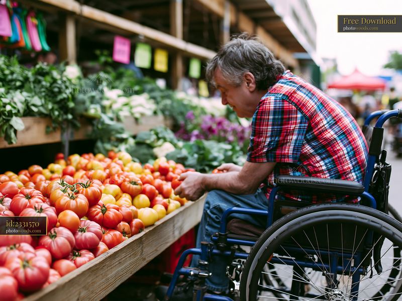 Man in wheelchair shopping at a colorful outdoor produce market