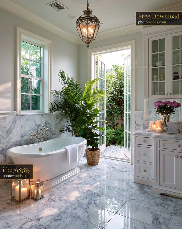 Marble Master Bathroom With Greenery and Natural Light