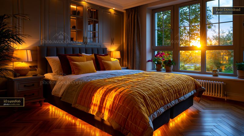 Modern Bedroom With Integrated Wardrobe Wall and Sunset View
