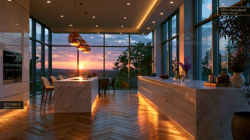 Modern Minimalist Kitchen With Sunset View in a Contemporary Home