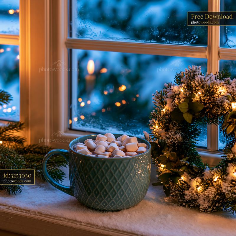 Warm cocoa with marshmallows beside a snowy evergreen wreath