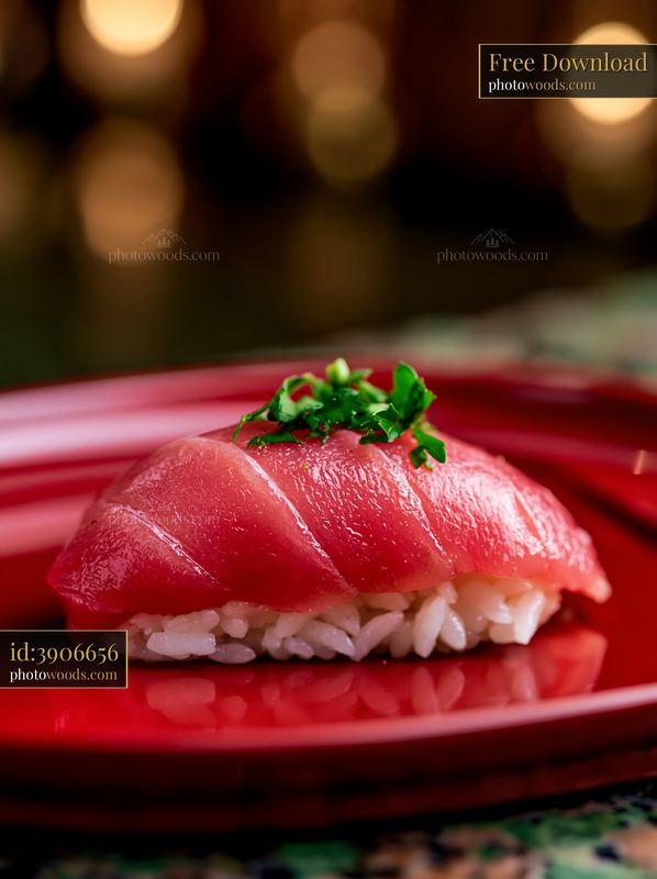 Sushi piece with herb garnish on red plate