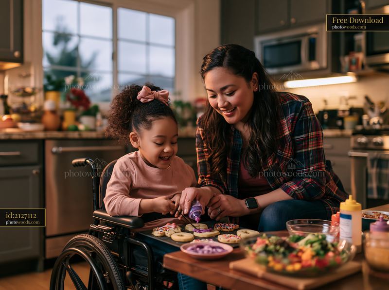 Parent helping child decorate cookies in a home kitchen