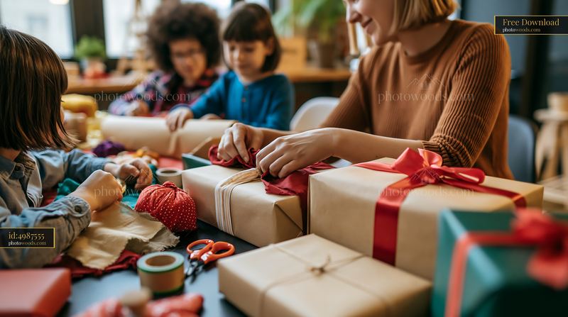 Parents teaching children gift wrapping at a festive table