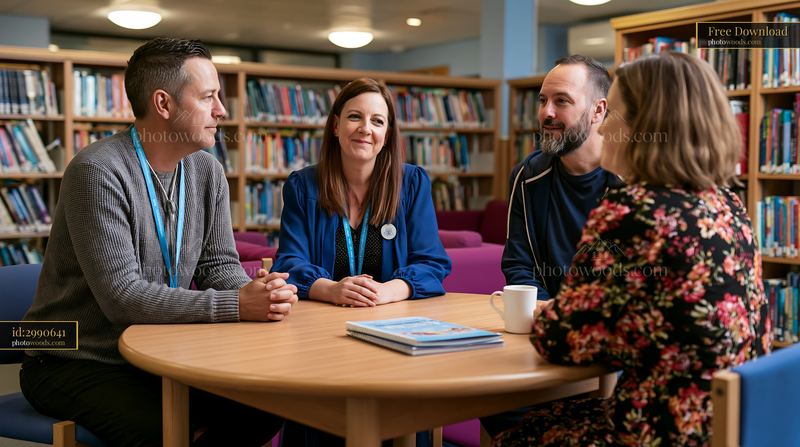 Parents meeting with a child protection specialist in a library
