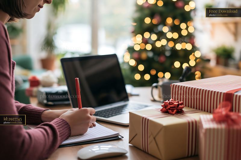 Person writing a gift list at a desk beside wrapped presents
