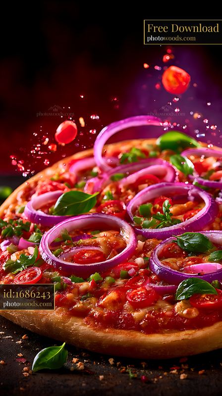 Pizza With Red Onion Rings and Herbs on a Dark Background