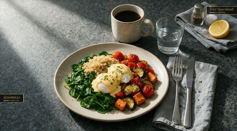 Breakfast plate with poached eggs and vegetables