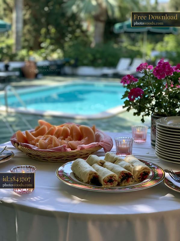 Poolside buffet table with plated food and flowers