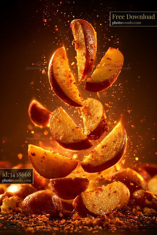 Potatoes Splitting Into Wedges Floating Apart With Golden Light