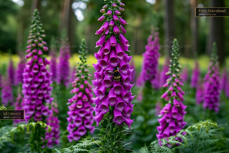 Purple foxglove flowers blooming in a woodland clearing