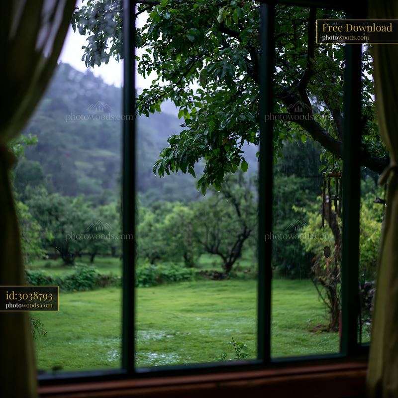 Rainy mountain landscape through cabin window