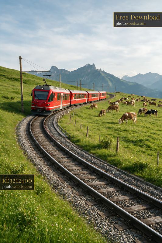 Red train crossing a Swiss Alpine meadow