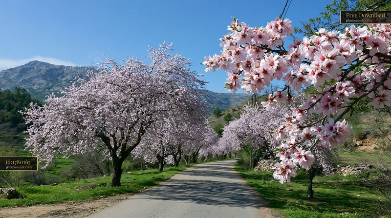 Almond tree blossoms in landscape with mountains and clear sky
