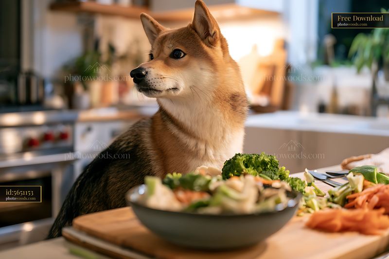 Shiba Inu Looking at Fresh Vegetables in a Kitchen