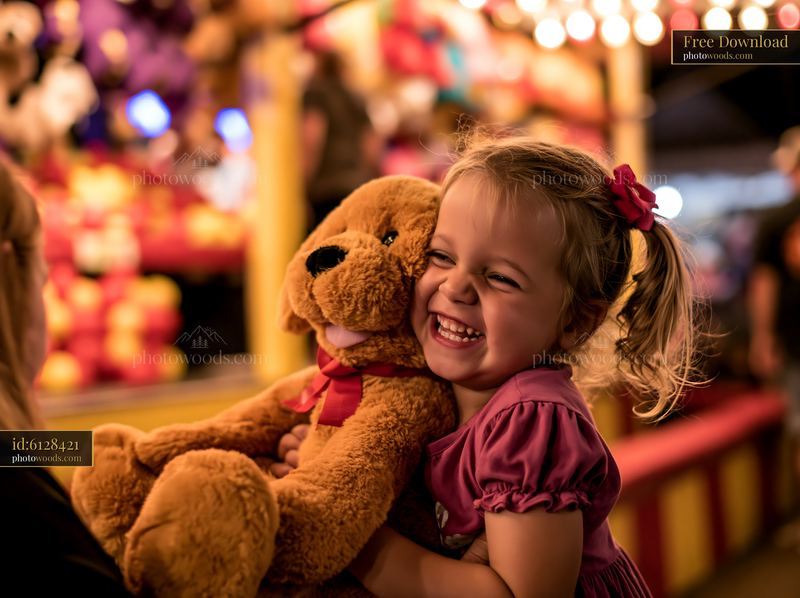 Smiling child hugging a large stuffed dog at a fair booth