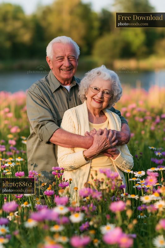 Elderly couple embracing in a flower meadow beside a lake