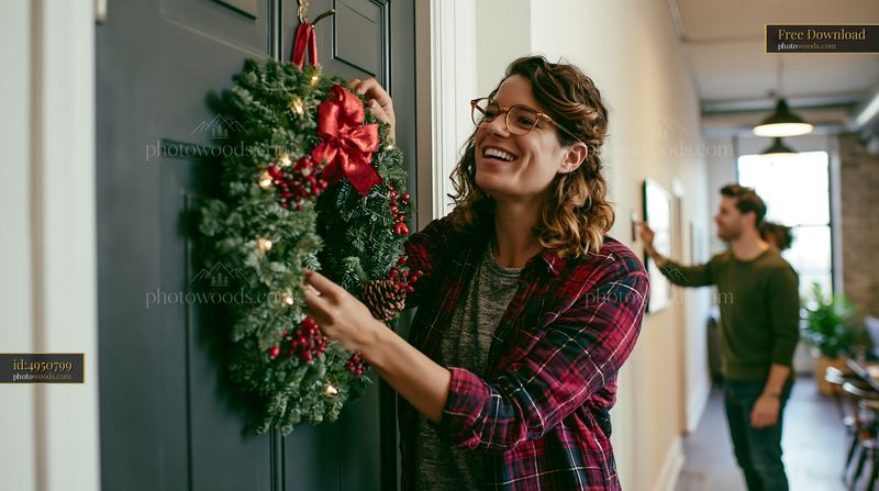 Woman hanging a Christmas wreath on an apartment door