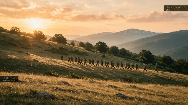 Soldiers marching together at sunset in hilly terrain