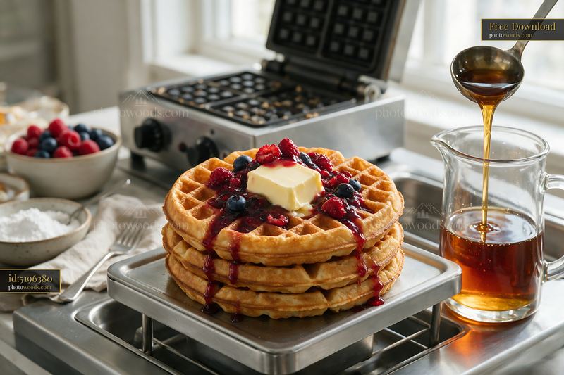 Waffle buffet station with berries, butter, and maple syrup