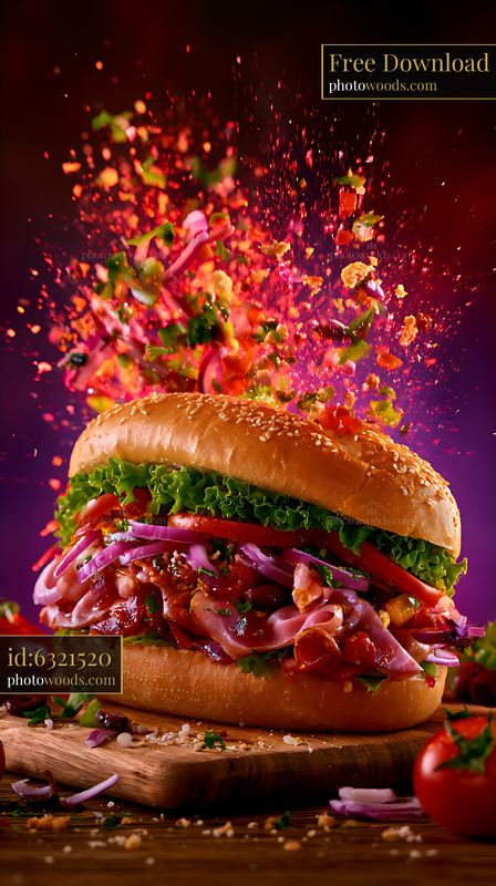 Submarine Sandwich With Toppings Exploding in Vibrant Colors