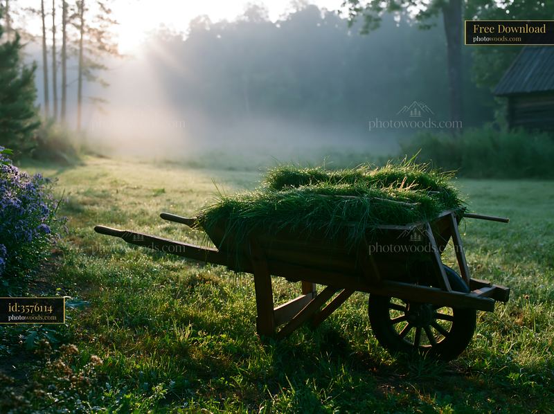 Sunbeams shine over a misty meadow with a wheelbarrow