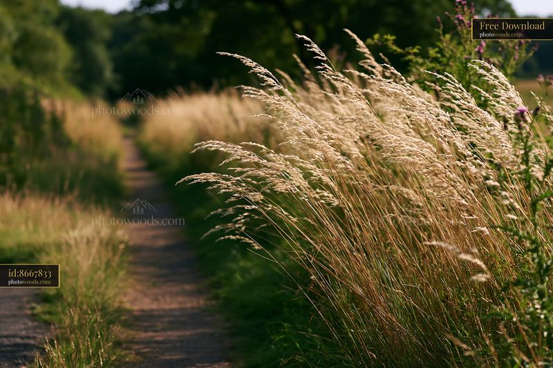 Wind-blown meadow grass beside a country path