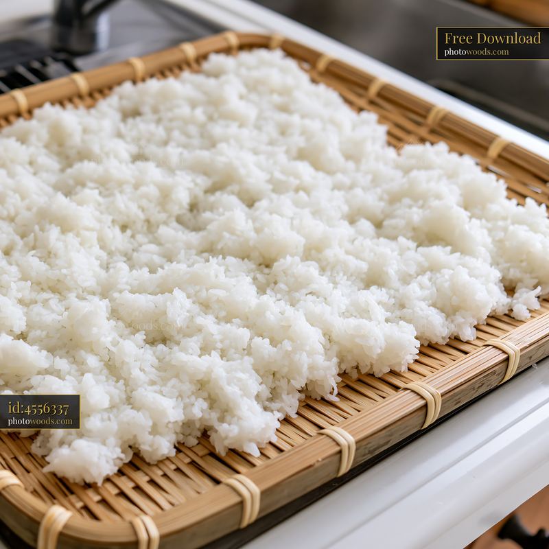 Sushi rice cooling on tray in kitchen setting