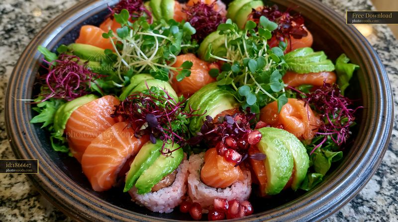 Sushi with microgreens in a decorative bowl